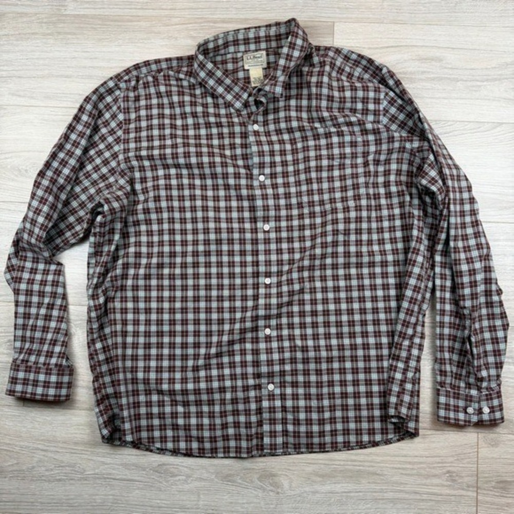 Vintsge LL Bean Mens XXL Button Down‎ Maroon Blue Plaid Cotton Traditional Fit